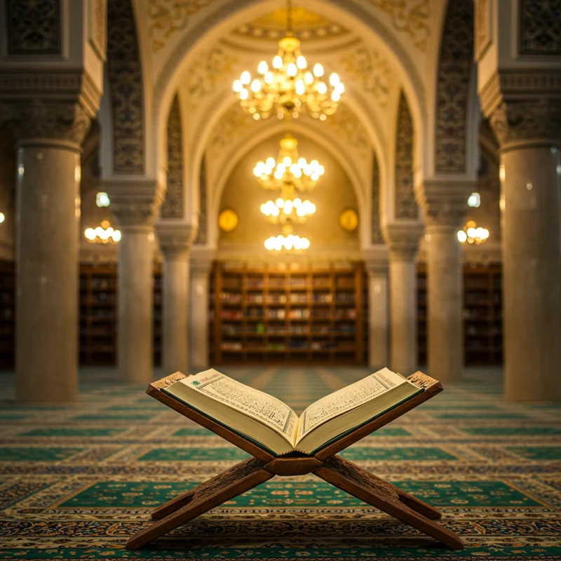 A serene mosque interior illuminated by soft, golden light streaming through intricate, geometric-patterned windows. In the foreground, an open Islamic book with delicate Arabic script rests on a traditional wooden Rehal (bookstand). The background features shelves of neatly arranged books on Islamic teachings, adding a scholarly ambiance to the scene. The overall atmosphere is peaceful and inviting, symbolizing learning and spirituality