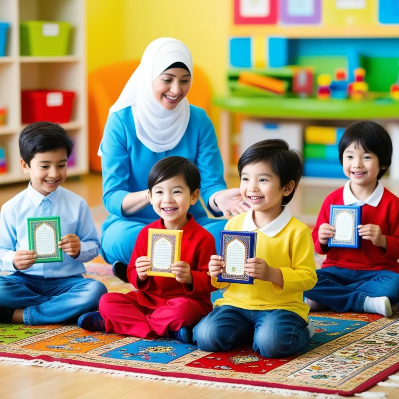 A bright and cheerful setting with kids sitting on a carpet , each holding a small Quran , guided by a kind teacher . The scene is colorful and engaging , designed to reflect joyful and interactive Quran learning for children.